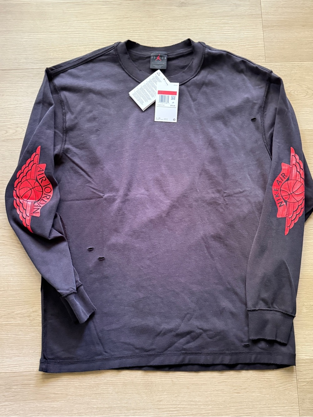 Jordan Long-Sleeve Crewneck Shirt in Black with Red Sleeve Wings